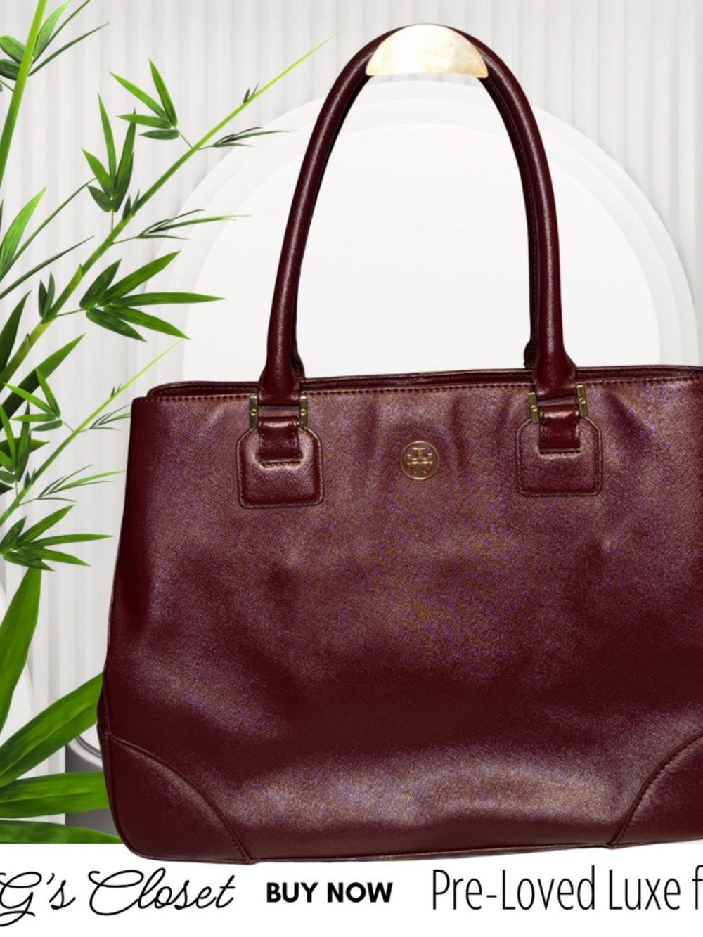 Tory Burch Wine Leather Tote with Gold Logo